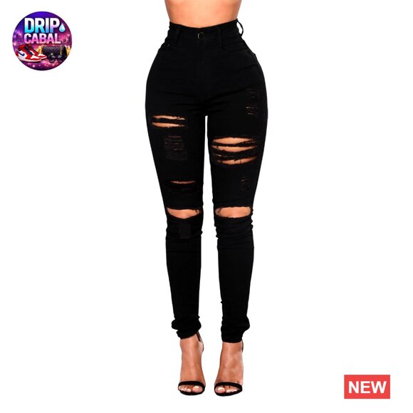 Denim - Ripped Skinny Jeans High Waisted Stretch Distressed Denim Slim Fit Pants